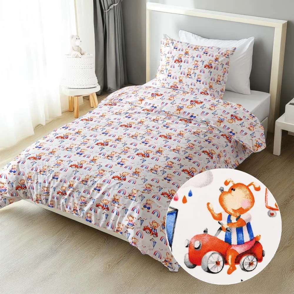 Biante Detské bavlnené posteľné obliečky Sandra SA-521 Modro-červení psíkovia s autami na bielom Predĺžené 140x220 a 70x90 cm