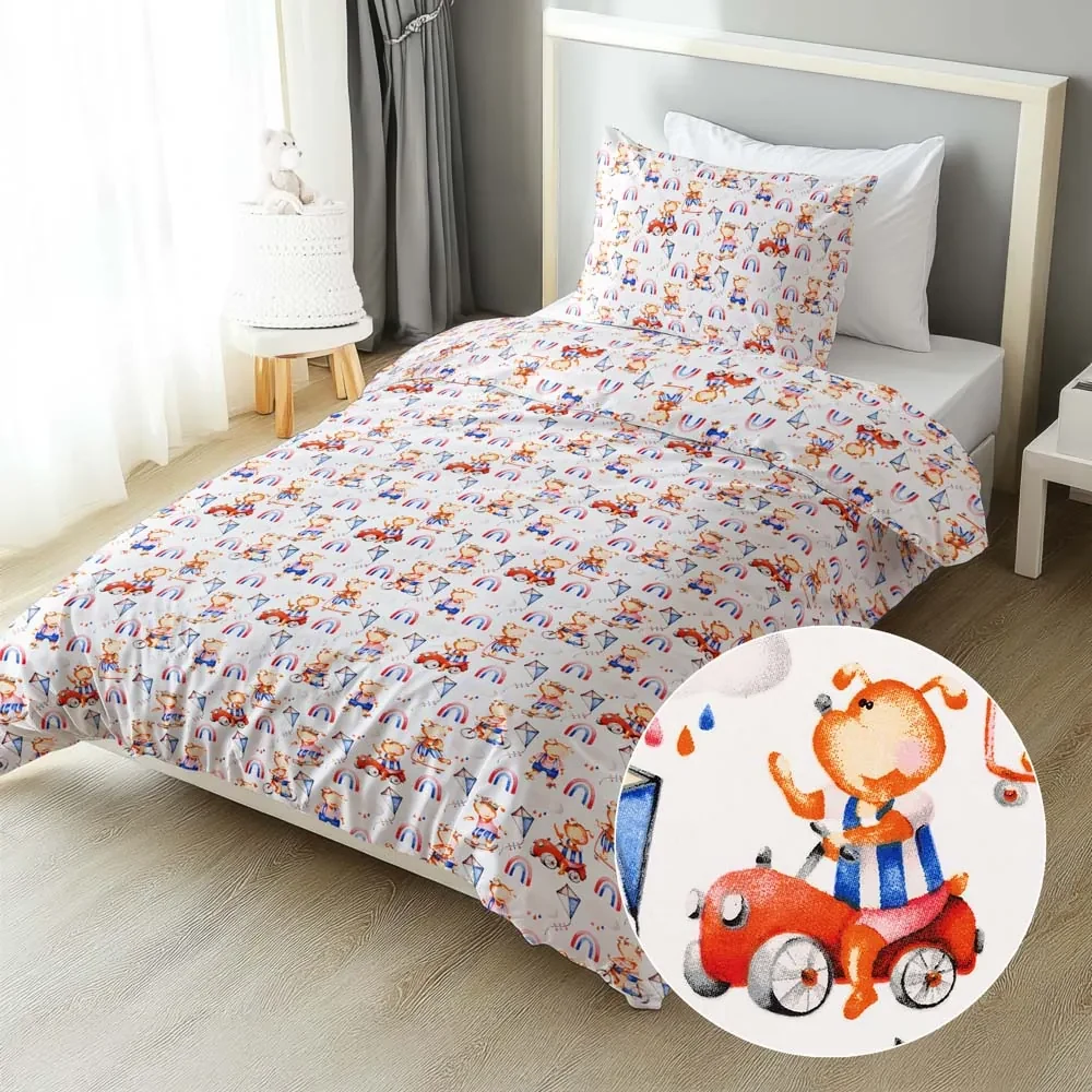 Biante Detské bavlnené posteľné obliečky Sandra SA-521 Modro-červení psíkovia s autami na bielom Predĺžené 140x220 a 70x90 cm
