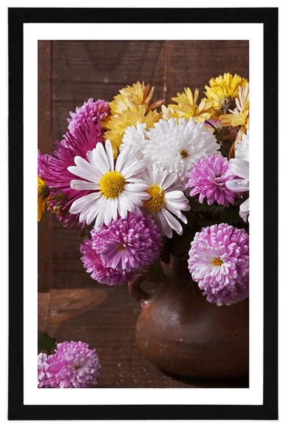 Plagát s paspartou zátišie s jesennými chryzantémami - 40x60 white