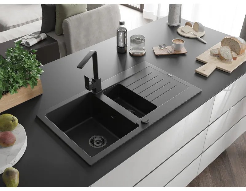 Mexen Matias, granitový drez 900x505x200 mm, 1,5-komorový a čierna batéria Rita, čierna, 6502-77-670300-70-B
