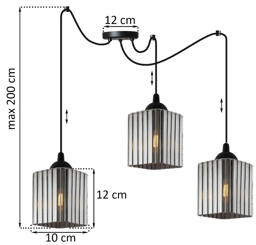 Závesné svietidlo Riffle Square Spider, 3x grafitové sklenené tienidlo, b
