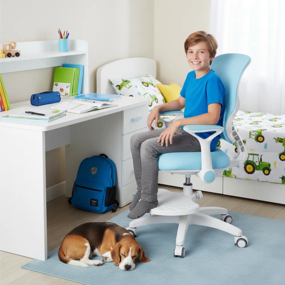 Detská rastúca stolička Neoseat JUNI 006 — látka, prateľný poťah, modrá