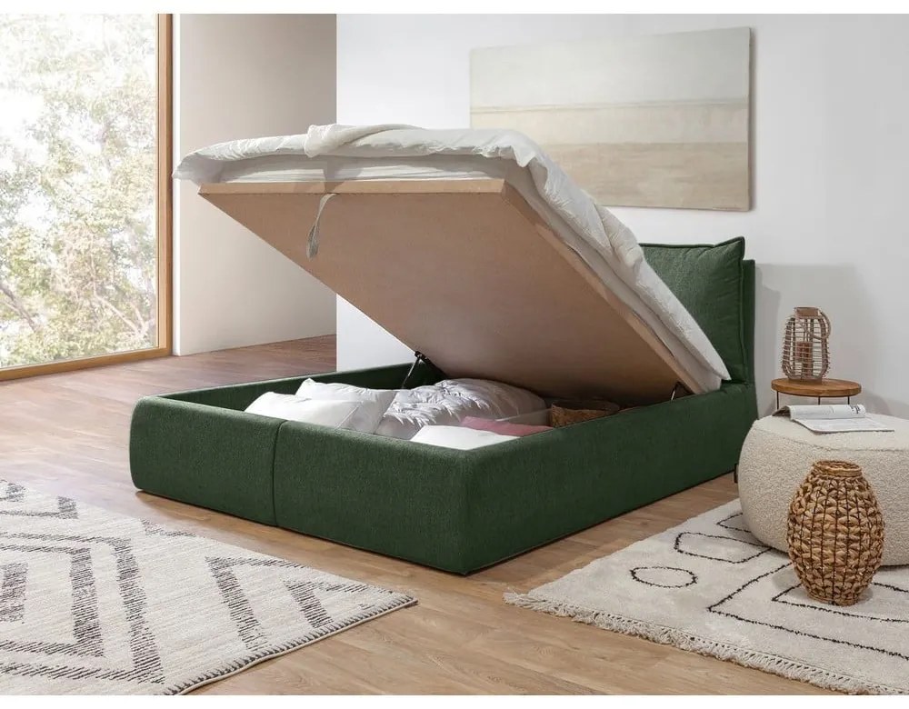 Tmavozelená čalúnená dvojlôžková posteľ s úložným priestorom a roštom 160x200 cm Garancia – Bobochic Paris
