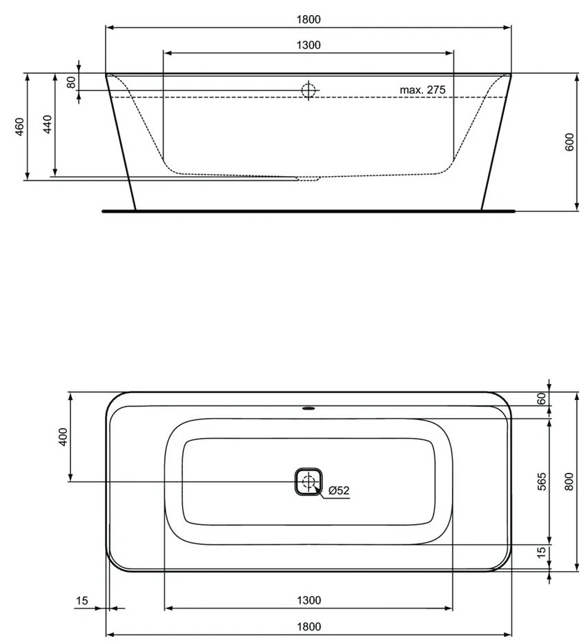 Ideal Standard Tonic II - Vaňa voľne stojaca 1800x800, s prepadom, s napúšťacou garnitúrou, biela E398201