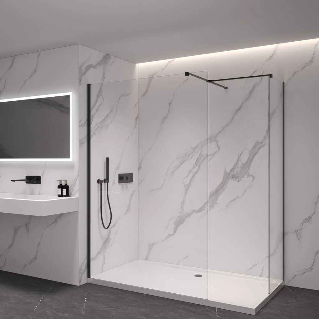 Cerano Onyx, sprchová zástena Walk-in, hranatá vzpera - čierna matná, transparentné sklo - 160x160 cm, CER-CER-8050BD2850