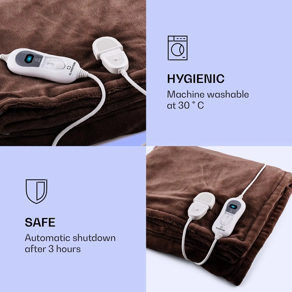 Klarstein Dr. Watson XL, vyhrievacia deka, 120 W, 180 x 130 cm, prateľná, mikroplyš, hnedá