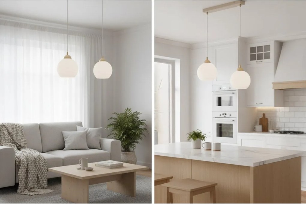 Závesné svietidlo Eliza, 2x biele sklenené tienidlo, g/be