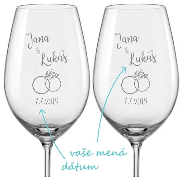 Svadobné poháre na víno Prstienok s kvetmi, 2 ks