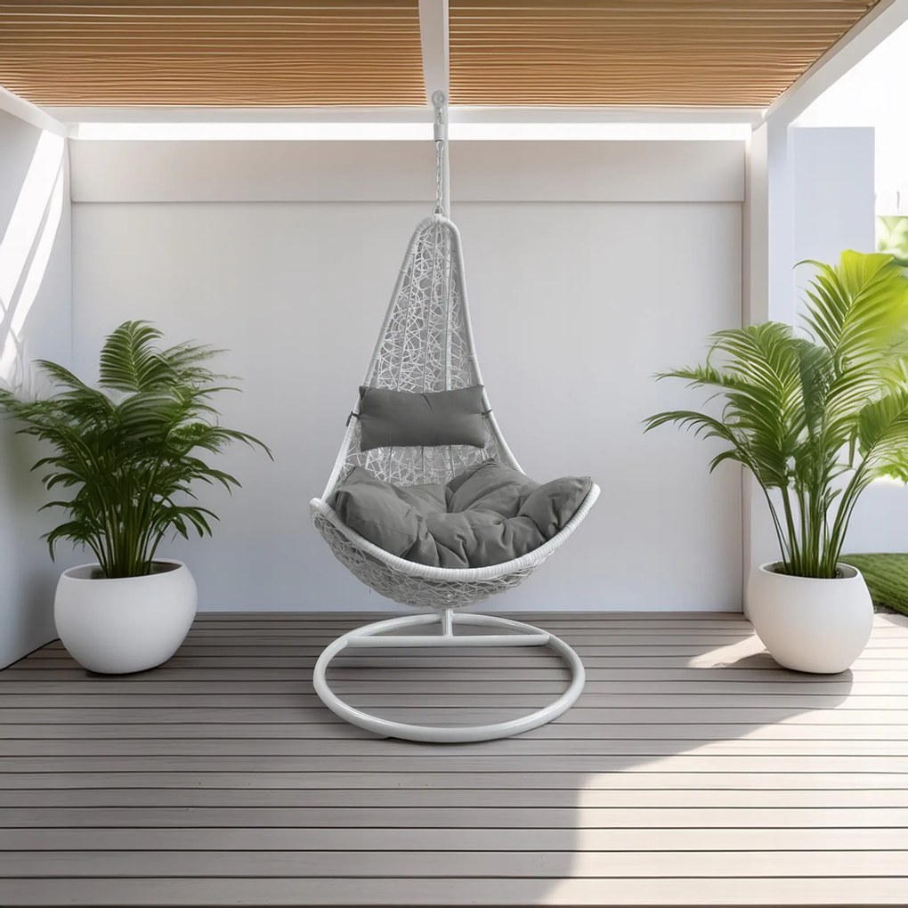 Garden Line BIELA ZÁVESNÁ STOLIČKA, VANKÚŠ – TMAVOSIVÁ, RÁM – BIELY, POLOVICA