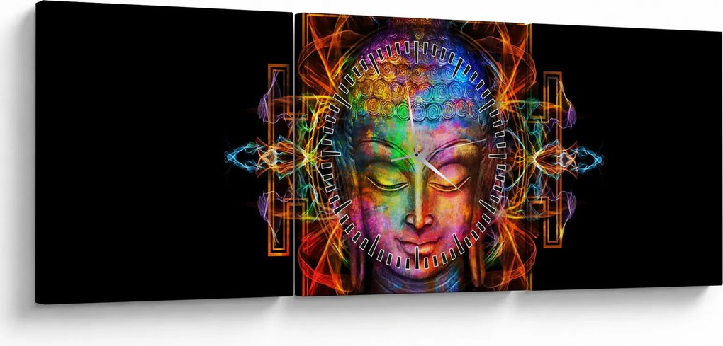 Obraz - Busta Budhu v neónových farbách (s hodinami) (90x30 cm)