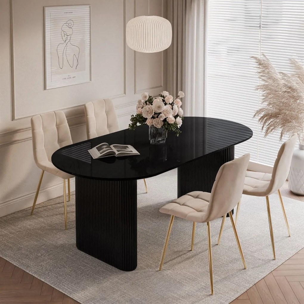 JEDÁLENSKÝ STÔL DEBORA ČIERNÝ LESK 180 cm + 4 x STOLIČKA BÉŽOVÁ