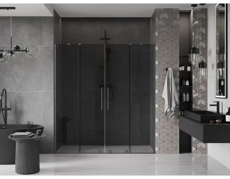 Mexen Velar Duo, posuvné sprchové dvere do otvoru 200 cm, 8mm šedé sklo, brúsený grafit, 871-200-000-42-95