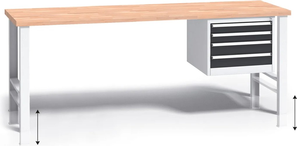 Výškovo nastaviteľný pracovný stôl do dielne G3 so závesným boxom na náradie, buková škárovka, 4 zásuvky, 2000 x 685 x 840 - 1050 mm, grafit