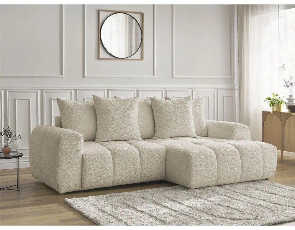 Béžová rozkladacia/s úložným priestorom rohová pohovka z textílie buklé (pravý roh/s leňoškou) Roxelane – Bobochic Paris