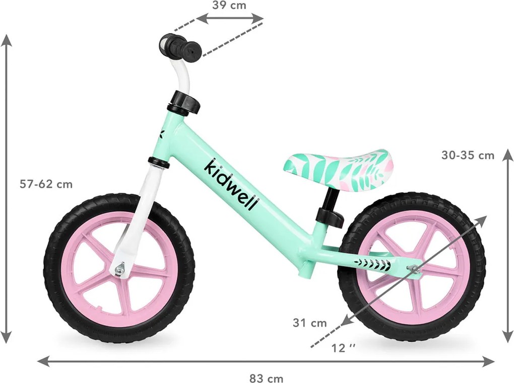 Kidwell REBEL Mint - ľahký balančný bicykel 2,64 kg, 12" EVA pneumatiky, pre deti 80-120 cm