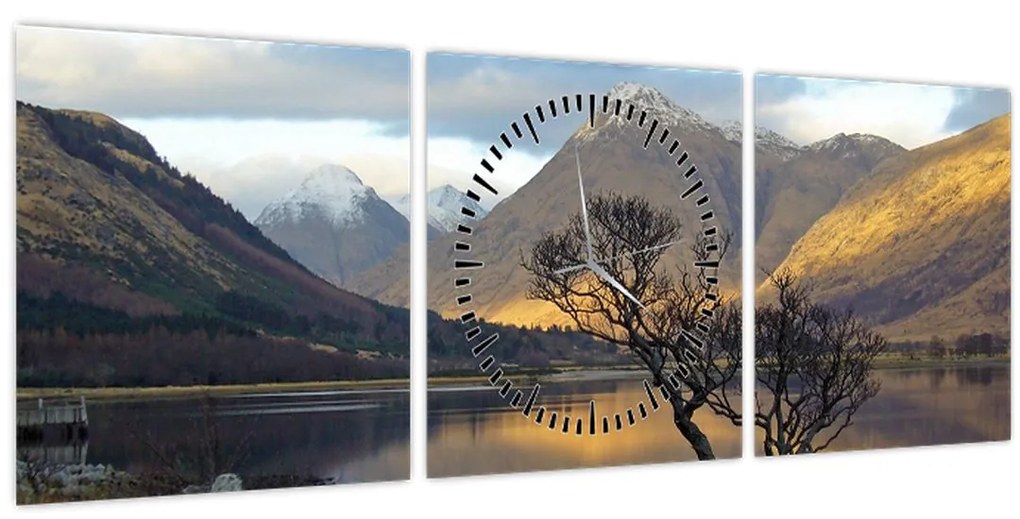 Obraz - Hory pri jazere (s hodinami) (90x30 cm)