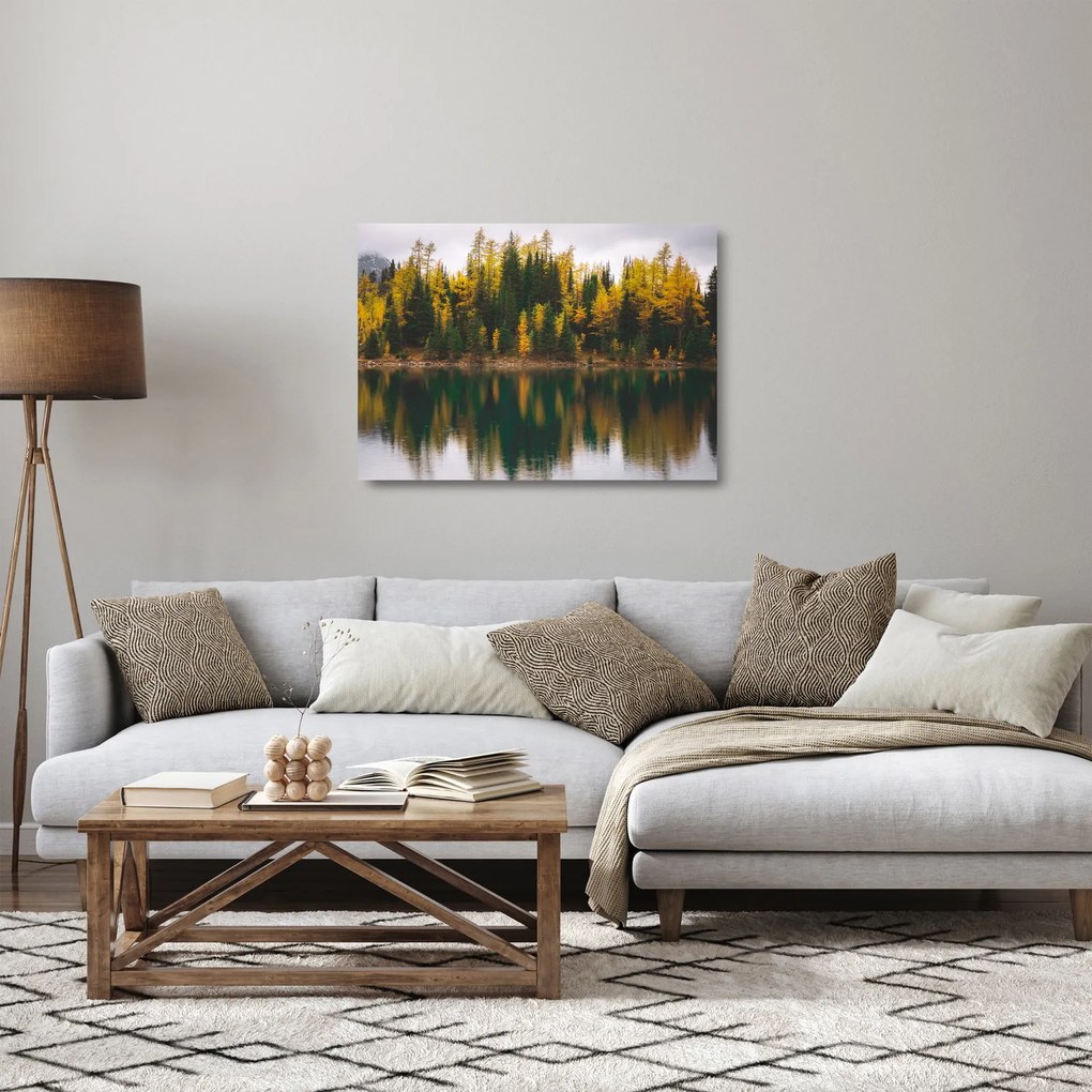 Sklenený obraz lesného jazera (70x50 cm)