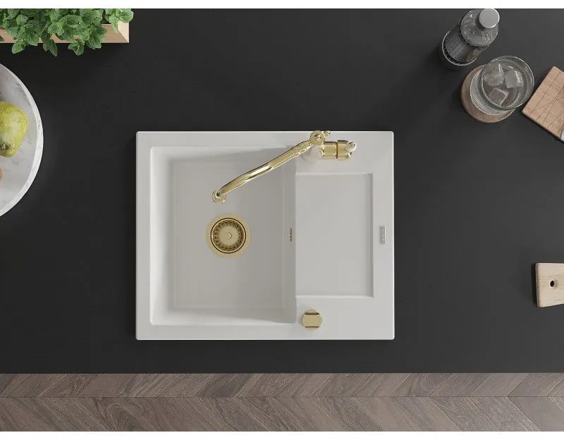 Mexen Enzo, granitový drez 576x465x174 mm, 1-komorový a drezová batéria Carla, biela, 6506-20-670700-50
