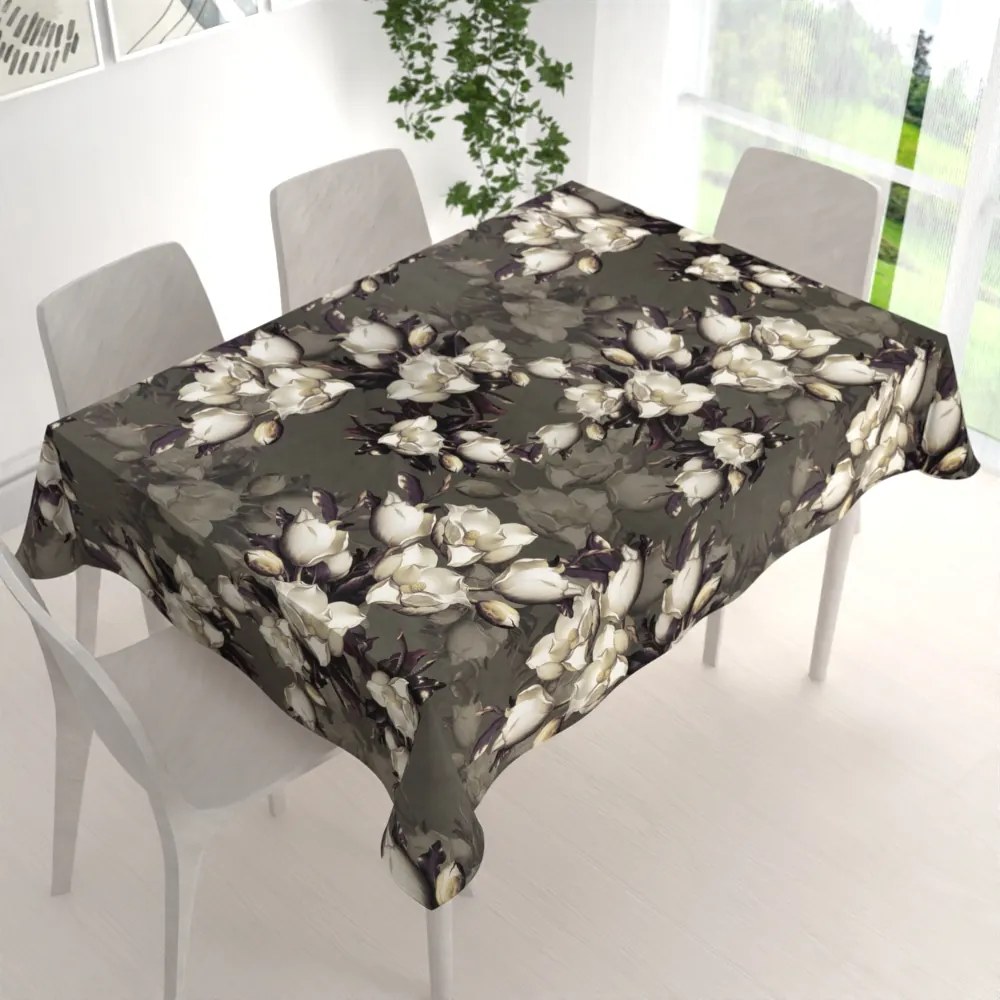 Biante Zamatový obdĺžnikový obrus Tamara TMR-034 Kvety gardénie na hnedosivom 60x100 cm