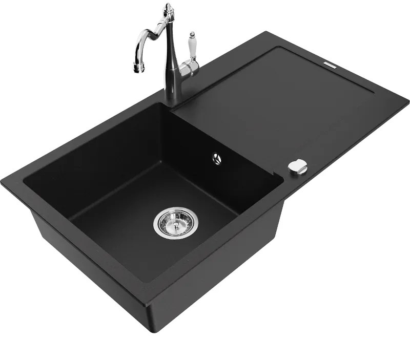 Mexen Leo, granitový drez 900x500x190 mm, 1-komorový a drezová batéria Carla, čierna, 6501-77-670700-00