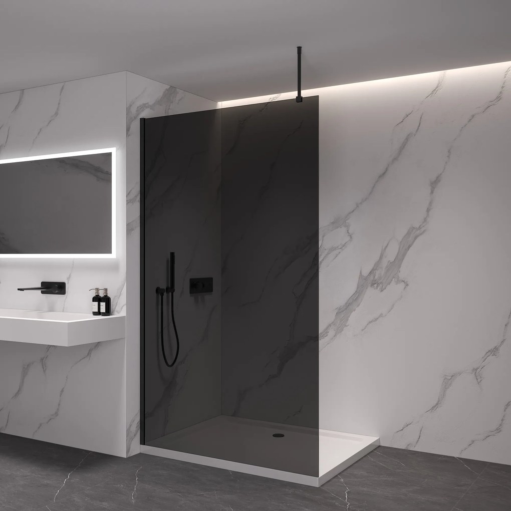 CERANO - Sprchová zástena Walk-in Onyx Top L/P - guľatá vzpera - čierna matná, grafitové sklo - 90x200 cm, CER-CER-8050BD1684