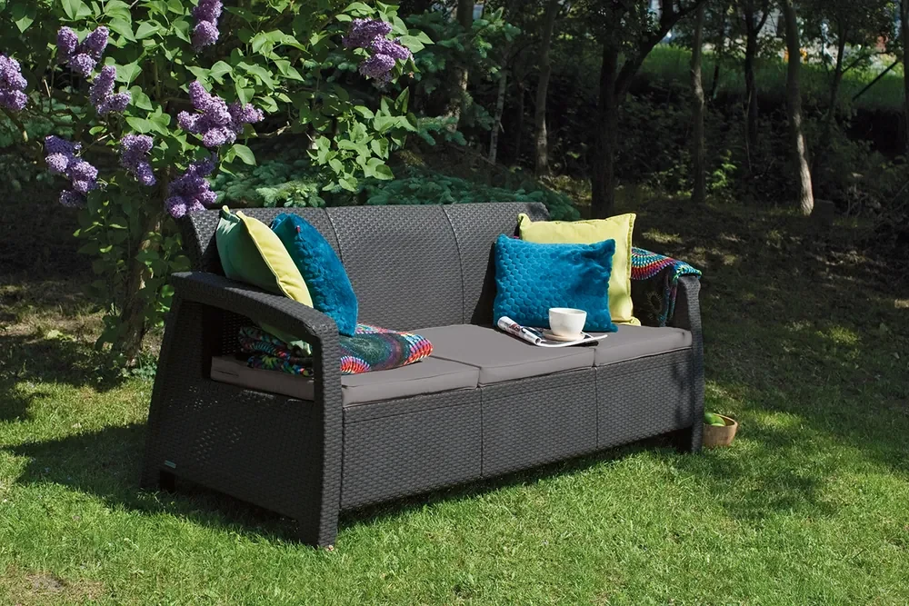 Záhradná pohovka Corfu love seat max - hnedá / šedohnedé podušky