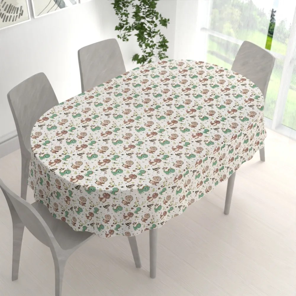 Biante Detský bavlnený oválny obrus Sandra SA-657 Zeleno-hnedé dinosaury na bielom 140x220 cm