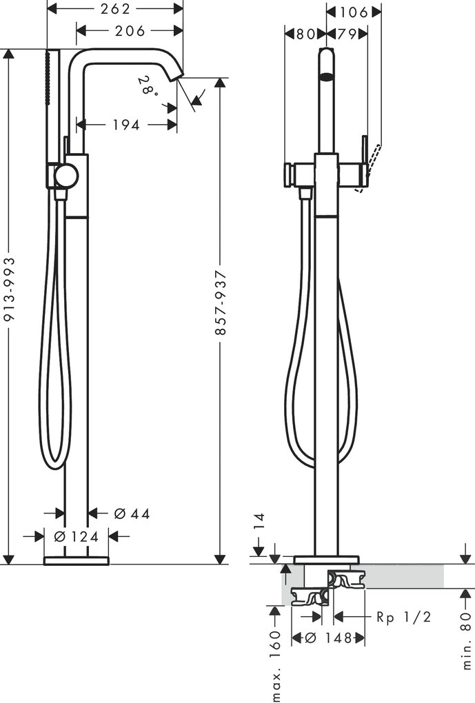 Hansgrohe Tecturis S, páková vaňová voľne stojaca batéria na podlahu, čierna matná, HAN-73440670