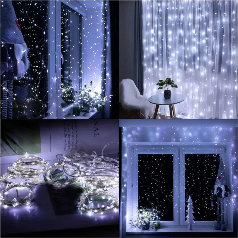 SPRINGOS LED Nano svetelný záves - 3x3m, 300LED, 8 funkcií, ovládač, USB, IP44, studená biela
