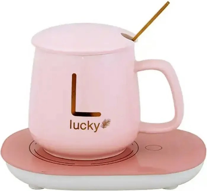 Sada keramického hrnčeka s elektrickým ohrievačom Lucky v darčekovom balení - pink