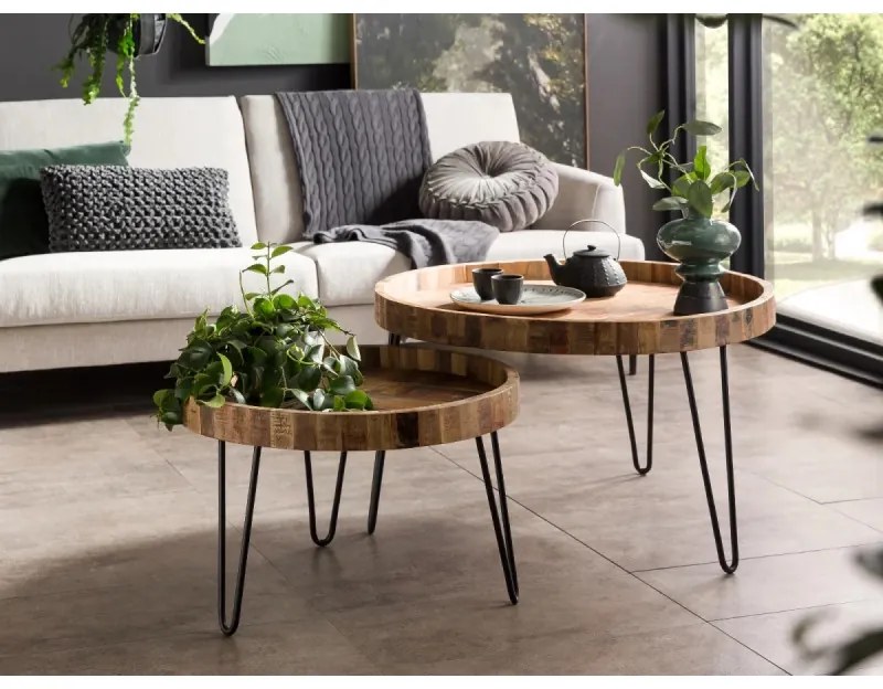 furniture-nabytek.cz - Sada 2 masívnych konferenčných stolíkov Corby z recyklovaného tvrdého dreva, hnedá, okrúhla