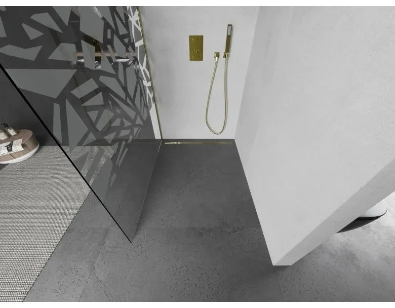 Mexen Kioto, sprchová zástena Walk-In 140 x 200 cm, 8mm číre sklo biely vzor, zlatý matný profil, 800-140-101-55-85