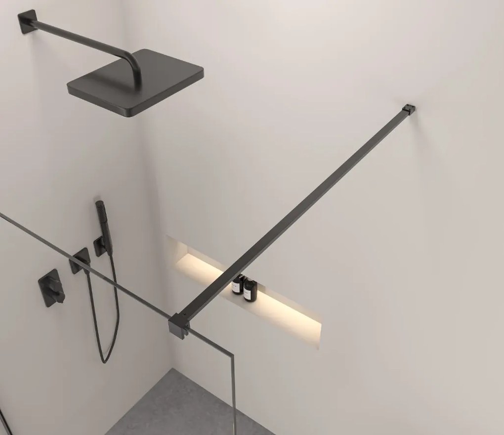 Erga Paris, sprchová zástena Walk-In 120x200 cm s poličkou a vešiakom na uteráky, 8mm číre sklo, čierny profil, ERG-V02-PARIS-120x200-CL-BK-BAR