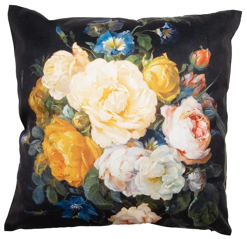 Čierna zamatová obliečka na vankúš s výraznými žltými kvetmi - 45*45 cm