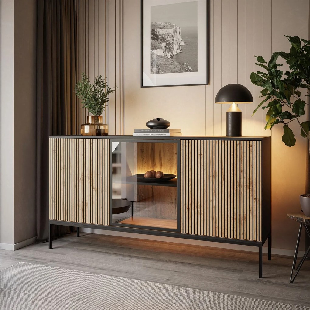 Komoda ADRIENNE s LED osvetlením + čierna matná + dub wotan 154cm