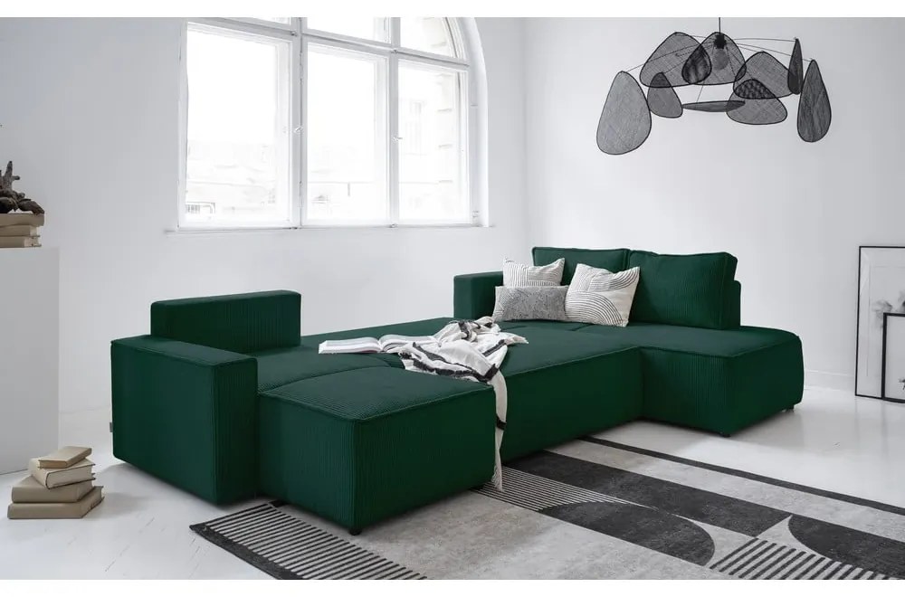 Tmavozelená menčestrová rozkladacia rohová pohovka (pravý roh/do tvaru "U") Brave Dave – Miuform
