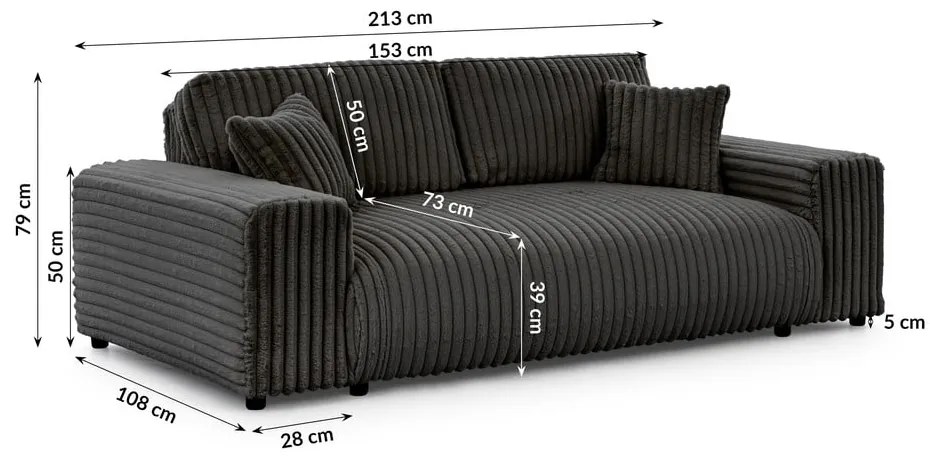 Tmavosivá menčestrová pohovka 213 cm Justin – Ropez