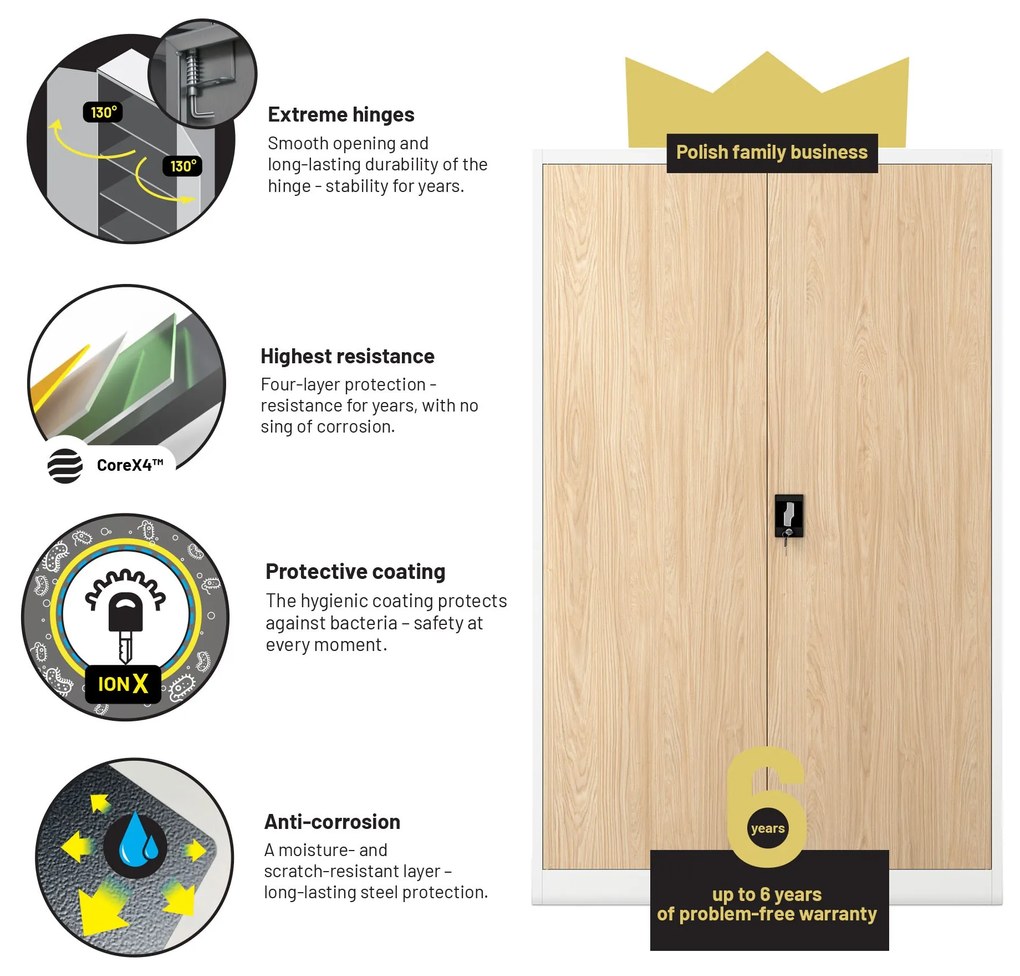 Kancelárska kovová skrinka na dokumenty JAN II, Eco Design: biela/dub sonoma