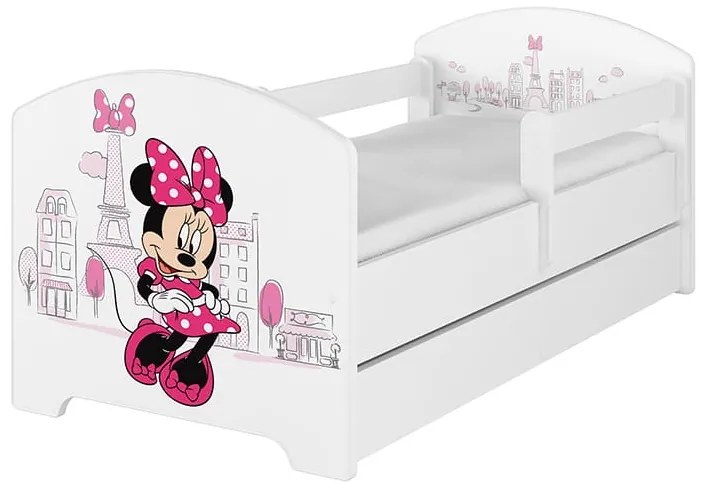 Detská posteľ Disney so šuplíkom - MYŠKA MINNIE PARIS 140x70 cm BIELA - 1 krátka + 1 dlhá zábrana