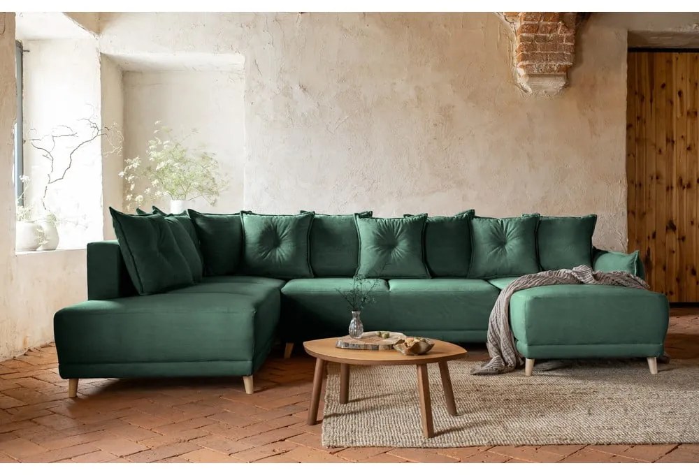 Zelená menčestrová rozkladacia rohová pohovka (ľavý roh/do "U") Lazy Lukka – Miuform