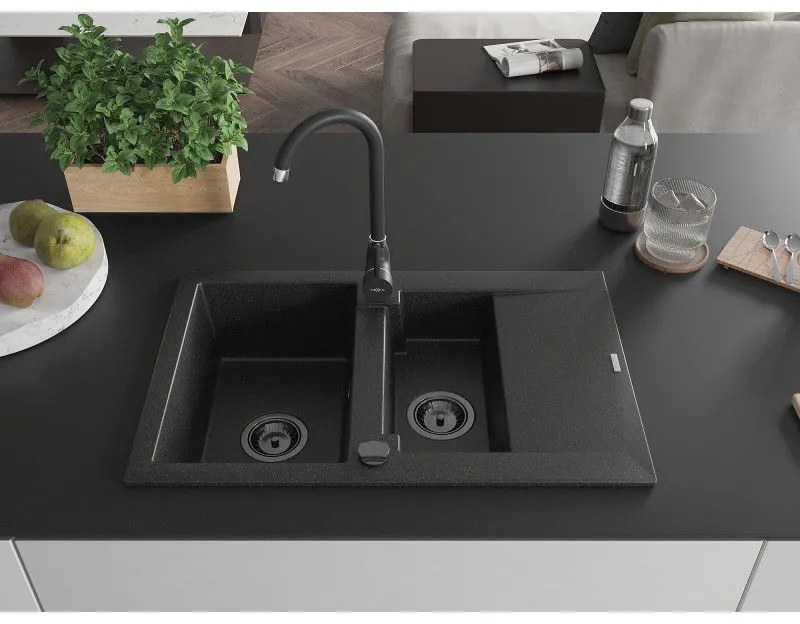 Mexen Gaspar, granitový drez 737x475x177 mm, 1,5-komorový, čierna-strieborná metalíza s čiernym sifónom, 6507731505-73-B