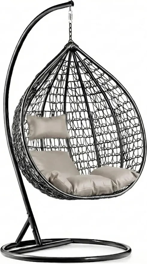Čierne závesné kreslo KOKON so stojanom, svetlý vankúš