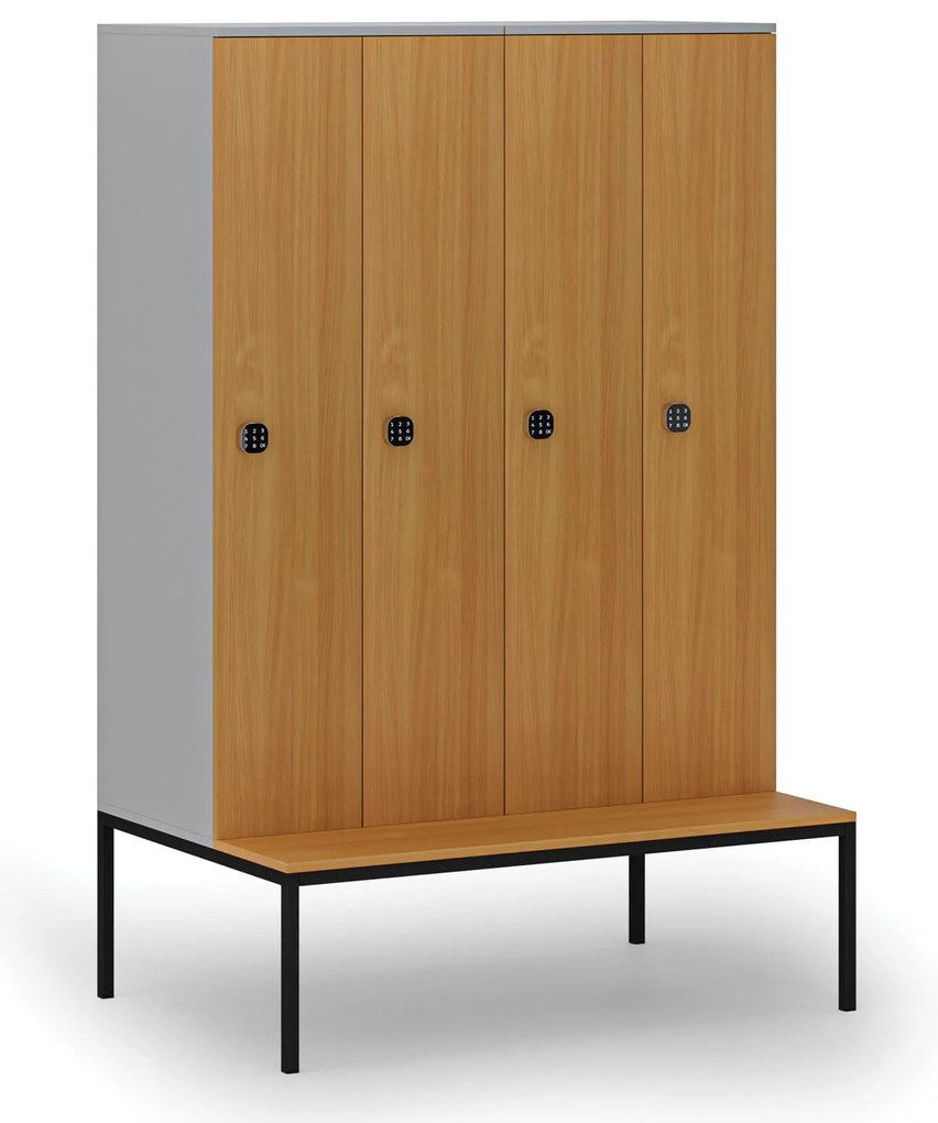Drevená šatníková skrinka S4 s lavičkou, 4 oddiely, 1871 x 1200 x 500/800 mm, demont, kódový zámok, sivá/buk
