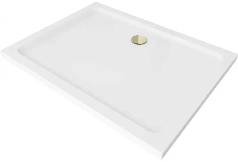 Mexen SLIM - Obdĺžniková sprchová vanička 80x70x5cm + zlatý sifón, biela, 40107080G