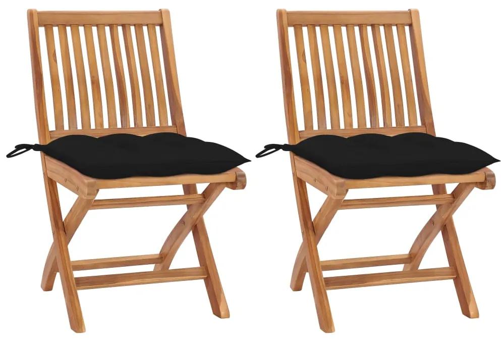 Záhradné stoličky 2 ks, čierne podložky, tíkový masív 3062455