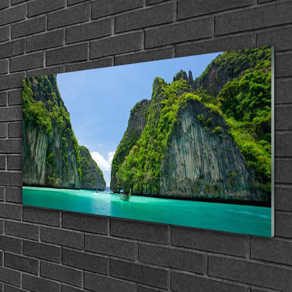Skleneny obraz Hora voda záliv krajina 120x60 cm