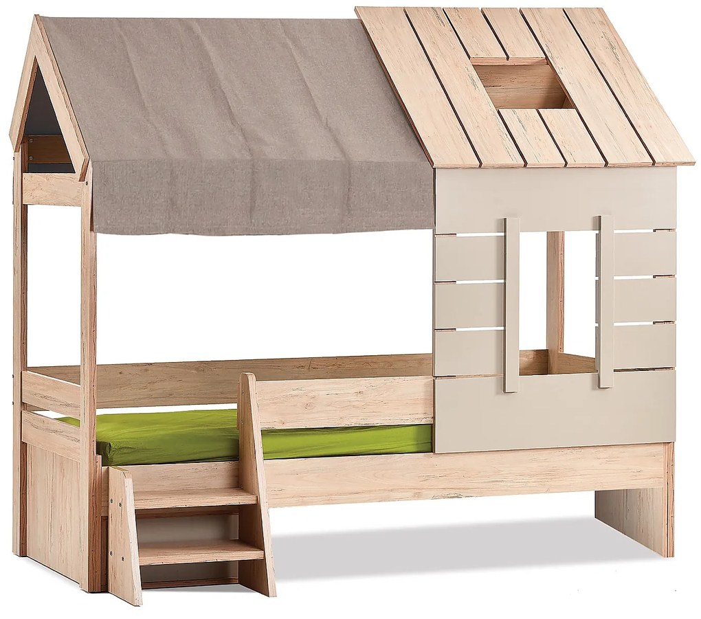 Domčeková posteľ so schodíkmi 90x200 a úložným priestorom Boom - dub colorado/šedá