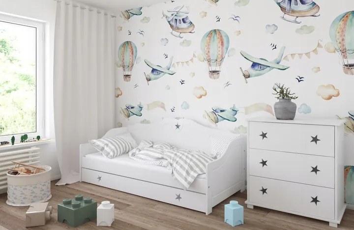 Detská posteľ HVIEZDA so zásuvkou PW, Rozmer 200x90 cm, Farba biela, Matrace penový vrstvený 10 cm