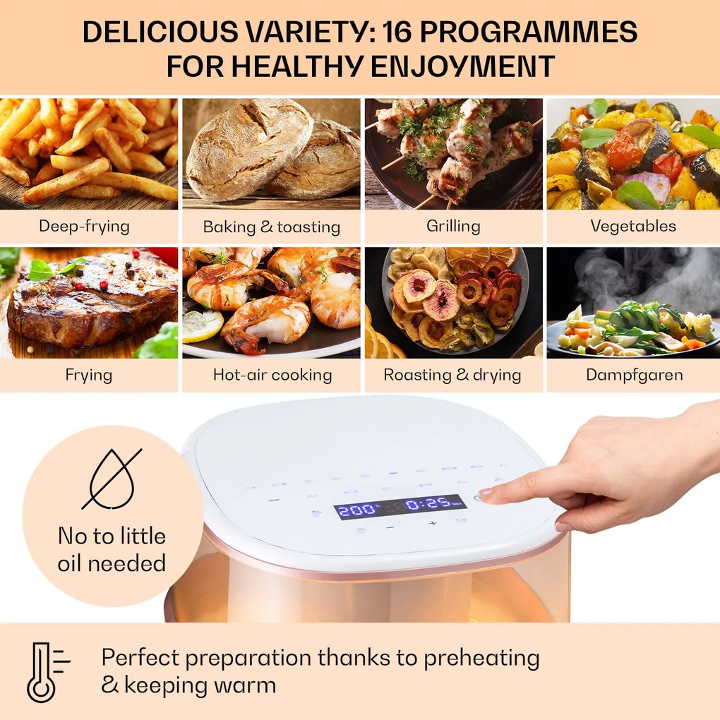 Klarstein Air Bloom, teplovzdušná fritéza, 1500 W, 7,5 l, 16 programov, s funkciou naparovania