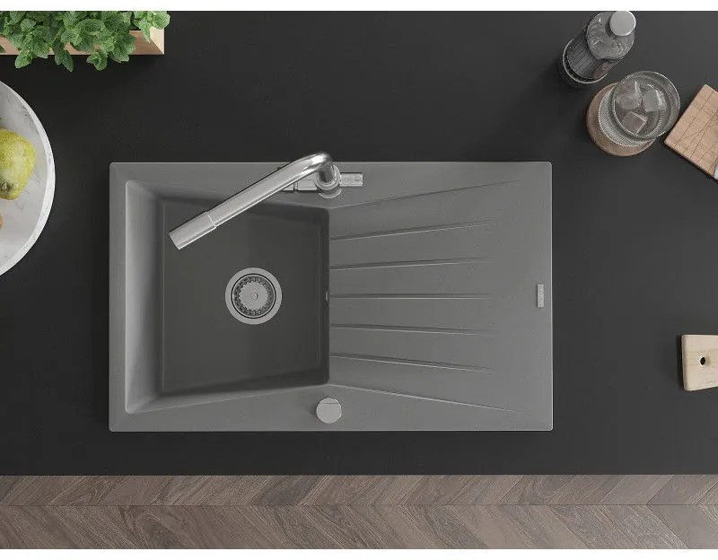 Mexen Cesar, granitový drez 775x470x190 mm, 1-komorový a chrómová batéria Duero, šedá, 6514-71-671600-00